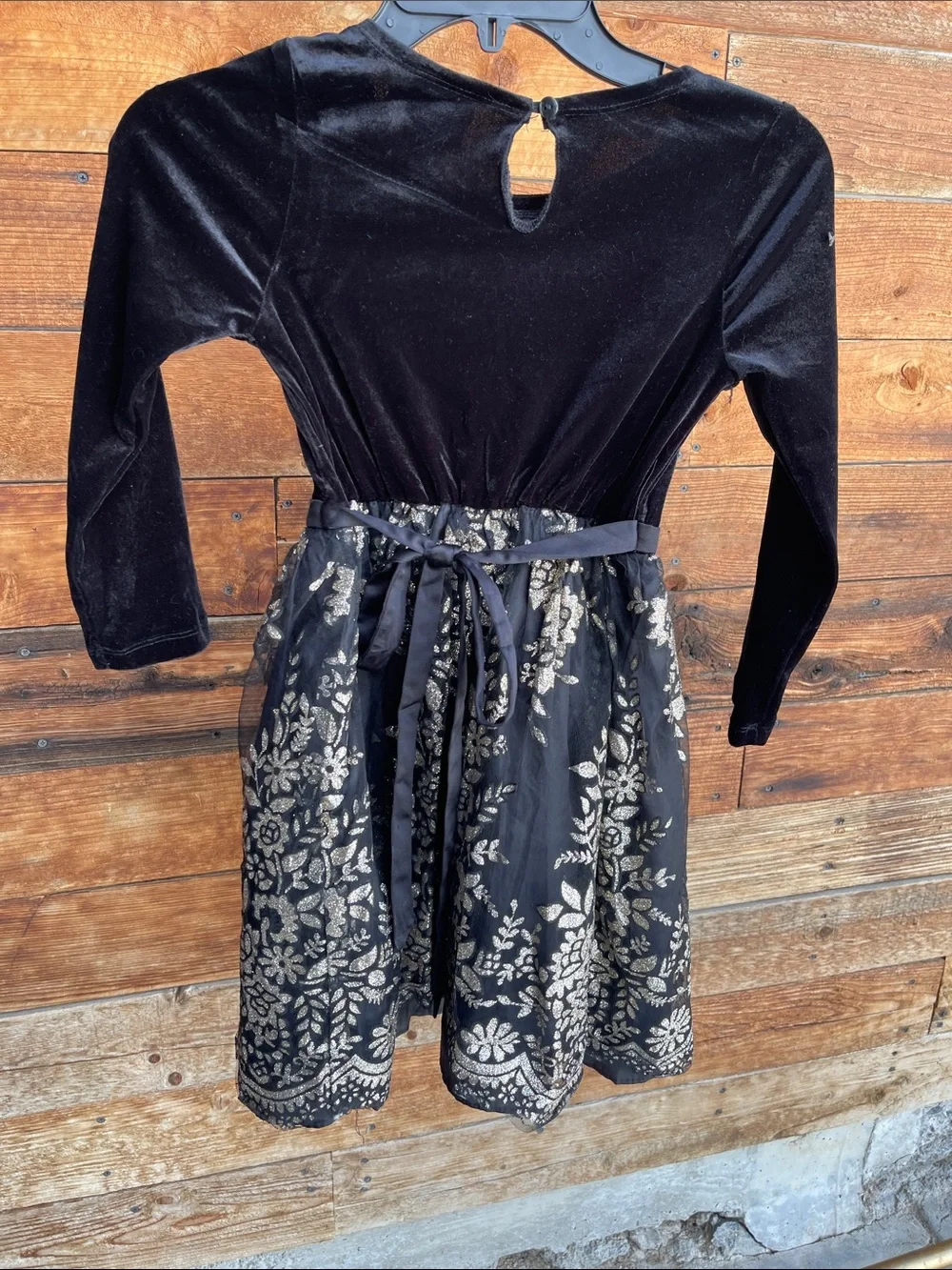 Rare Editions Girls Size 7 Black Velvet Gold Floral Tulle Holiday Party Dress